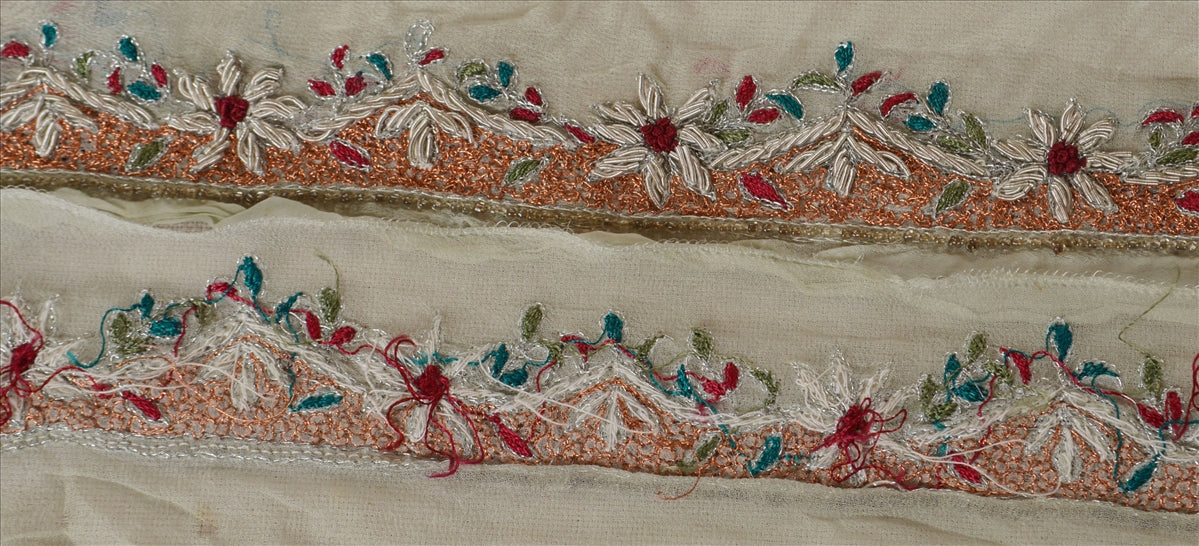 Sanskriti Vintage Sari Border Hand Beaded 1 Yd Indian Trim Sewing Cream Lace