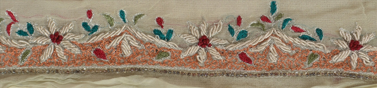Sanskriti Vintage Sari Border Hand Beaded 1 Yd Indian Trim Sewing Cream Lace