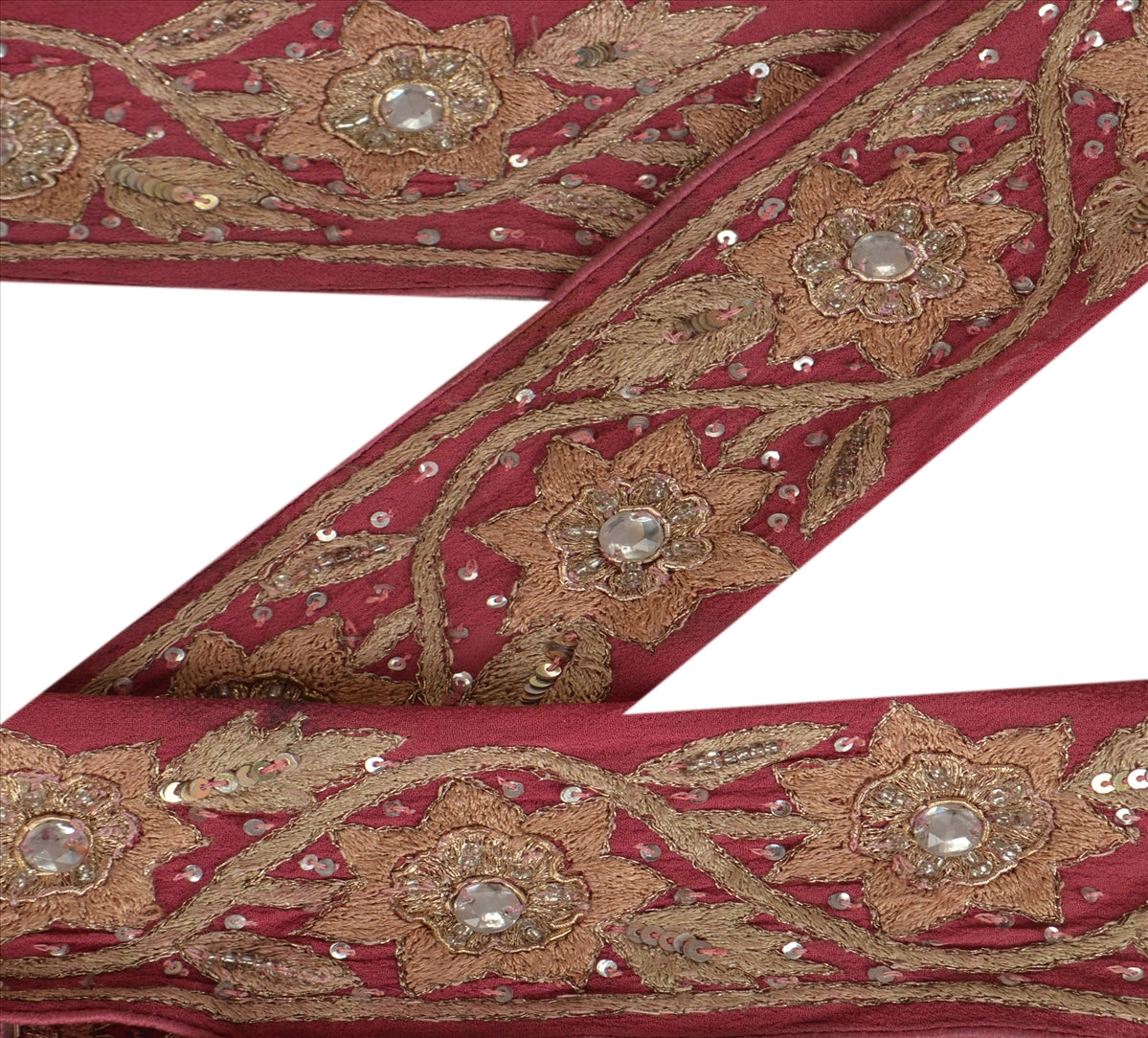 Sanskriti Vintage Sari Border Antique Hand Beaded 1 Yd Indian Trim Sewing Pink Lace
