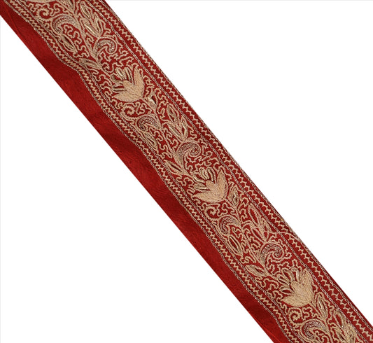 Sanskriti Vintage Saree Border Hand Beaded 1 Yard Trim Ribbon Maroon Zari Lace