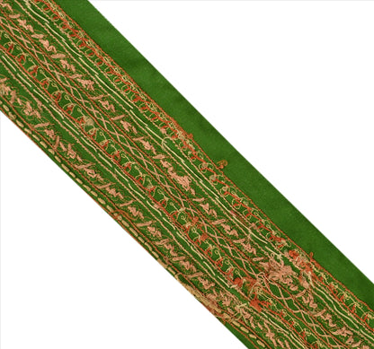 Sanskriti Vintage Sari Border Hand Embroidered 1Yd Trim Sewing Green Floral Lace