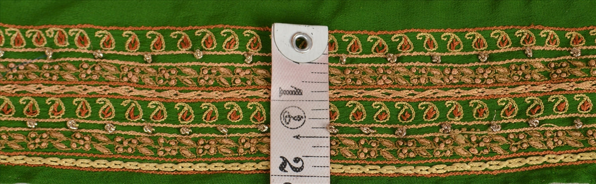Sanskriti Vintage Sari Border Hand Embroidered 1Yd Trim Sewing Green Floral Lace