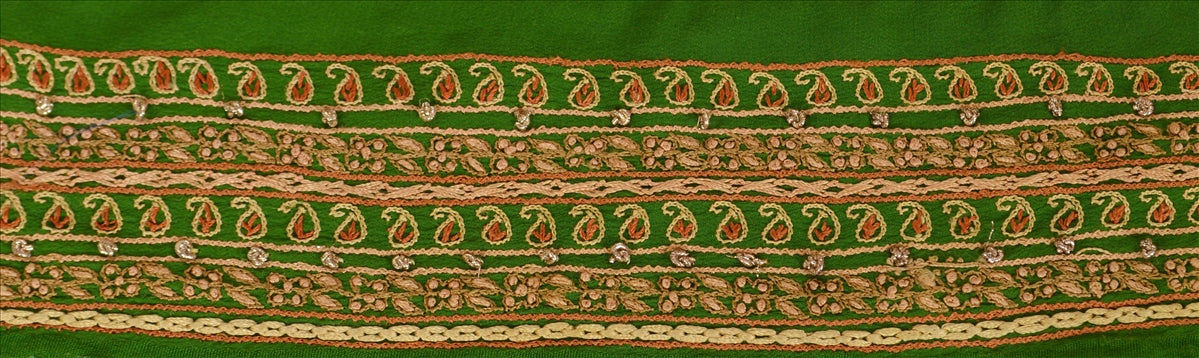 Sanskriti Vintage Sari Border Hand Embroidered 1Yd Trim Sewing Green Floral Lace