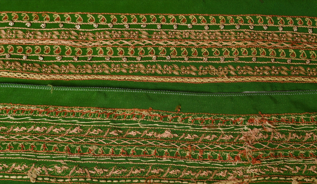 Sanskriti Vintage Sari Border Hand Embroidered 1Yd Trim Sewing Green Floral Lace