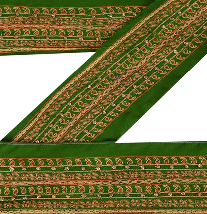 Sanskriti Vintage Sari Border Hand Embroidered 1Yd Trim Sewing Green Floral Lace