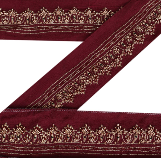 Sanskriti Vintage Border Antique Hand Embroidered 1 Yard Trim Ribbon Purple Lace
