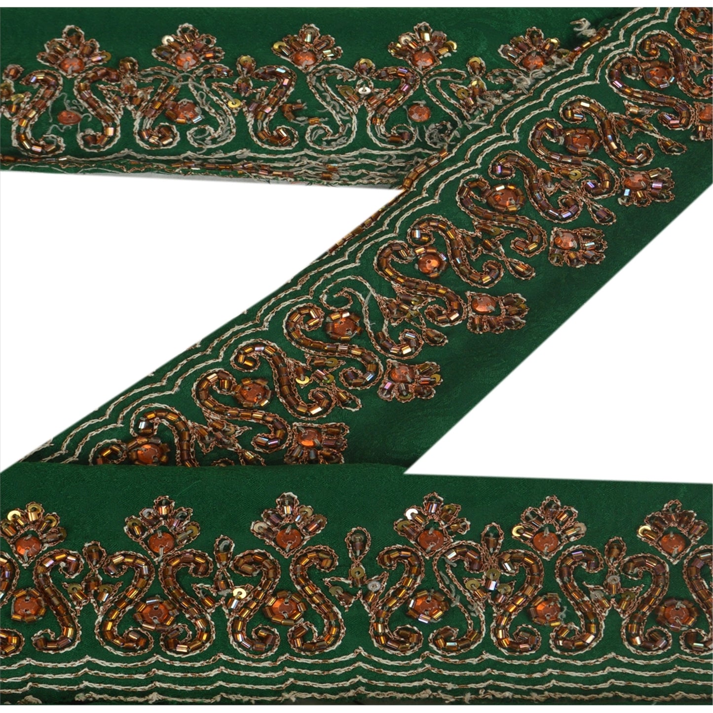 Sanskriti Vintage Green Sari Border Hand Beaded Zari Craft Trim 1 YD Sewing Lace
