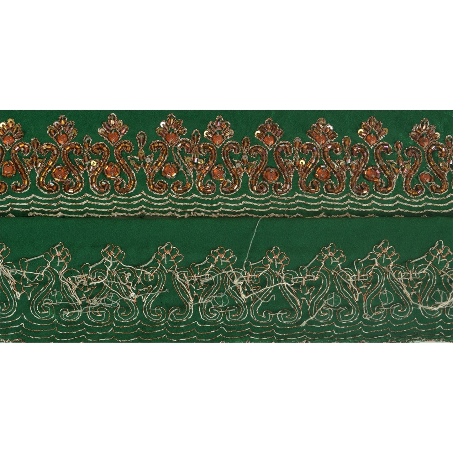 Sanskriti Vintage Green Sari Border Hand Beaded Zari Craft Trim 1 YD Sewing Lace