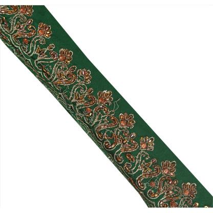 Sanskriti Vintage Green Sari Border Hand Beaded Zari Craft Trim 1 YD Sewing Lace