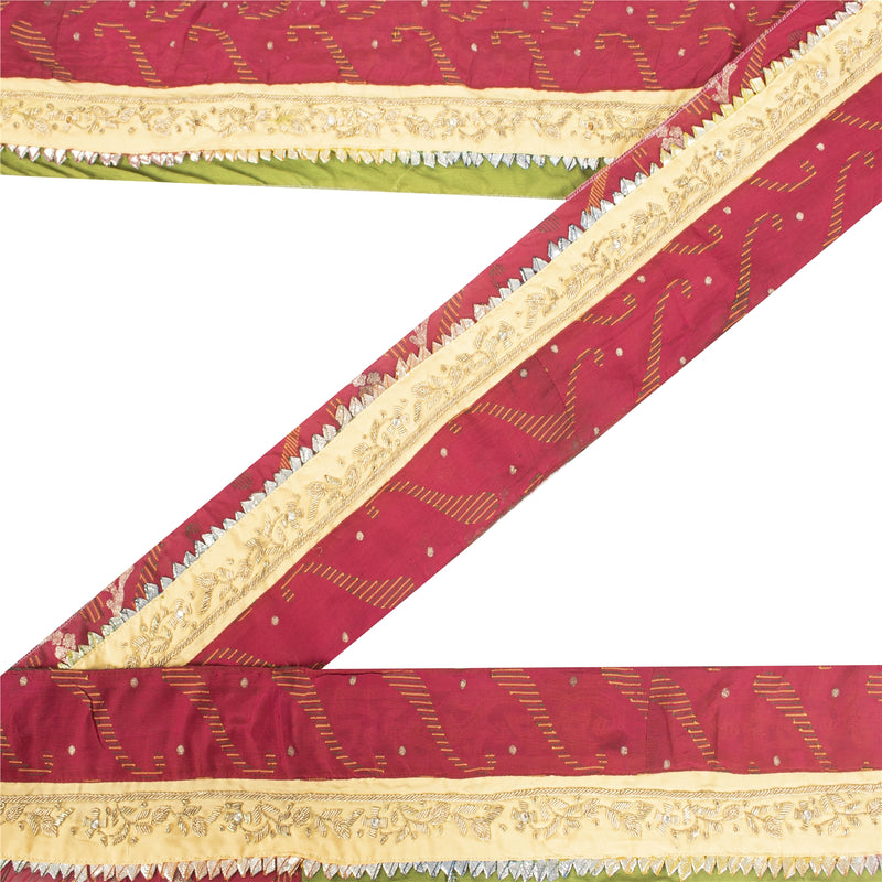Sanskriti Vintage Sari Border Hand Beaded Woven 1YD Trim Zardozi  Red Lace
