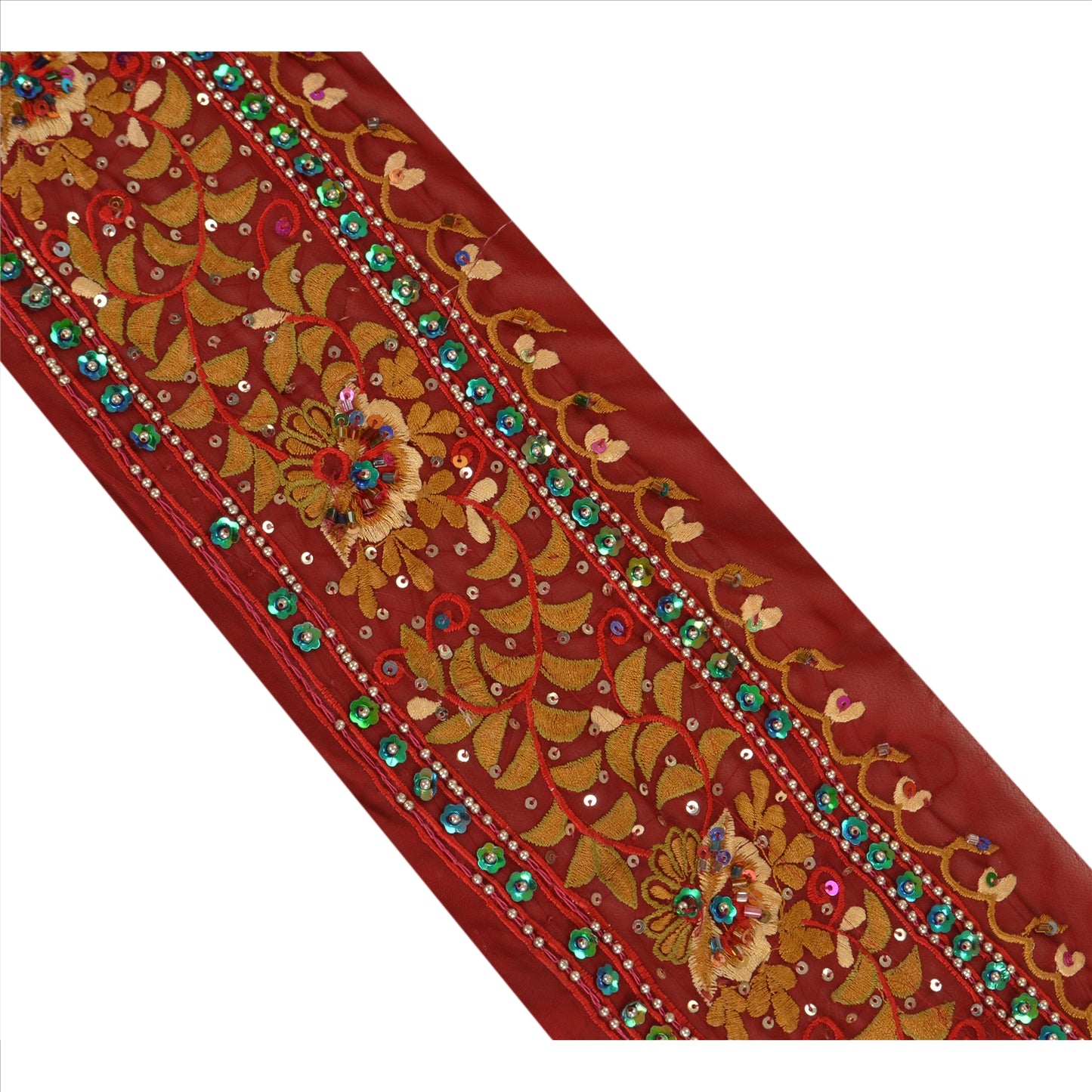 Sanskriti Vintage Sari Border Hand Beaded 1 Yd Indian Trim Sewing Maroon Lace