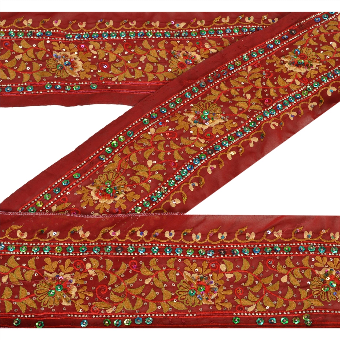 Sanskriti Vintage Sari Border Hand Beaded 1 Yd Indian Trim Sewing Maroon Lace