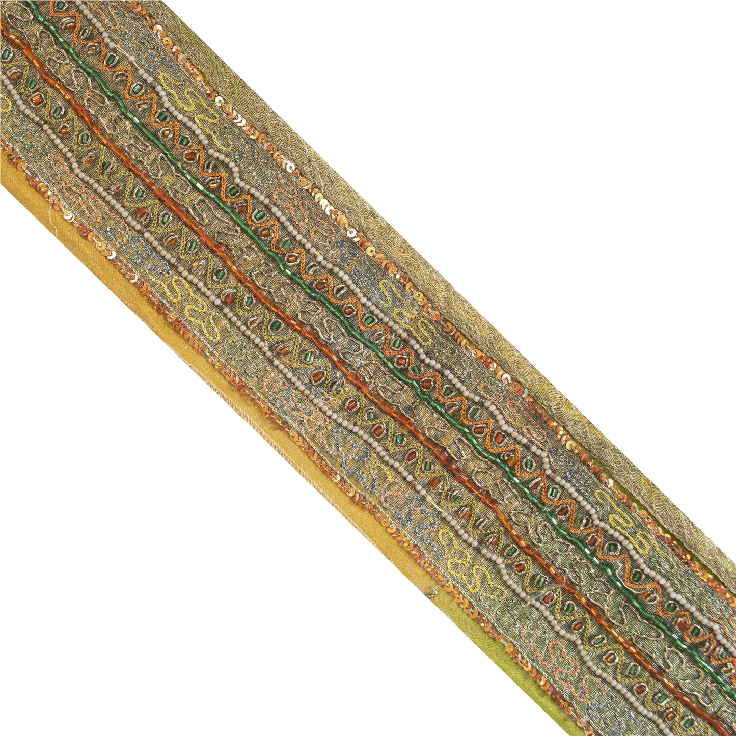 Sanskriti Vintage Border Antique Hand Beaded 1YD Indian Trim Sewing Saffron Lace