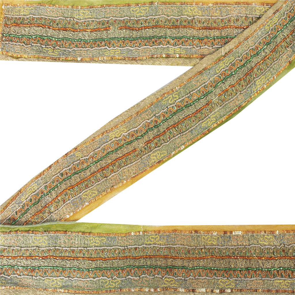 Sanskriti Vintage Border Antique Hand Beaded 1YD Indian Trim Sewing Saffron Lace