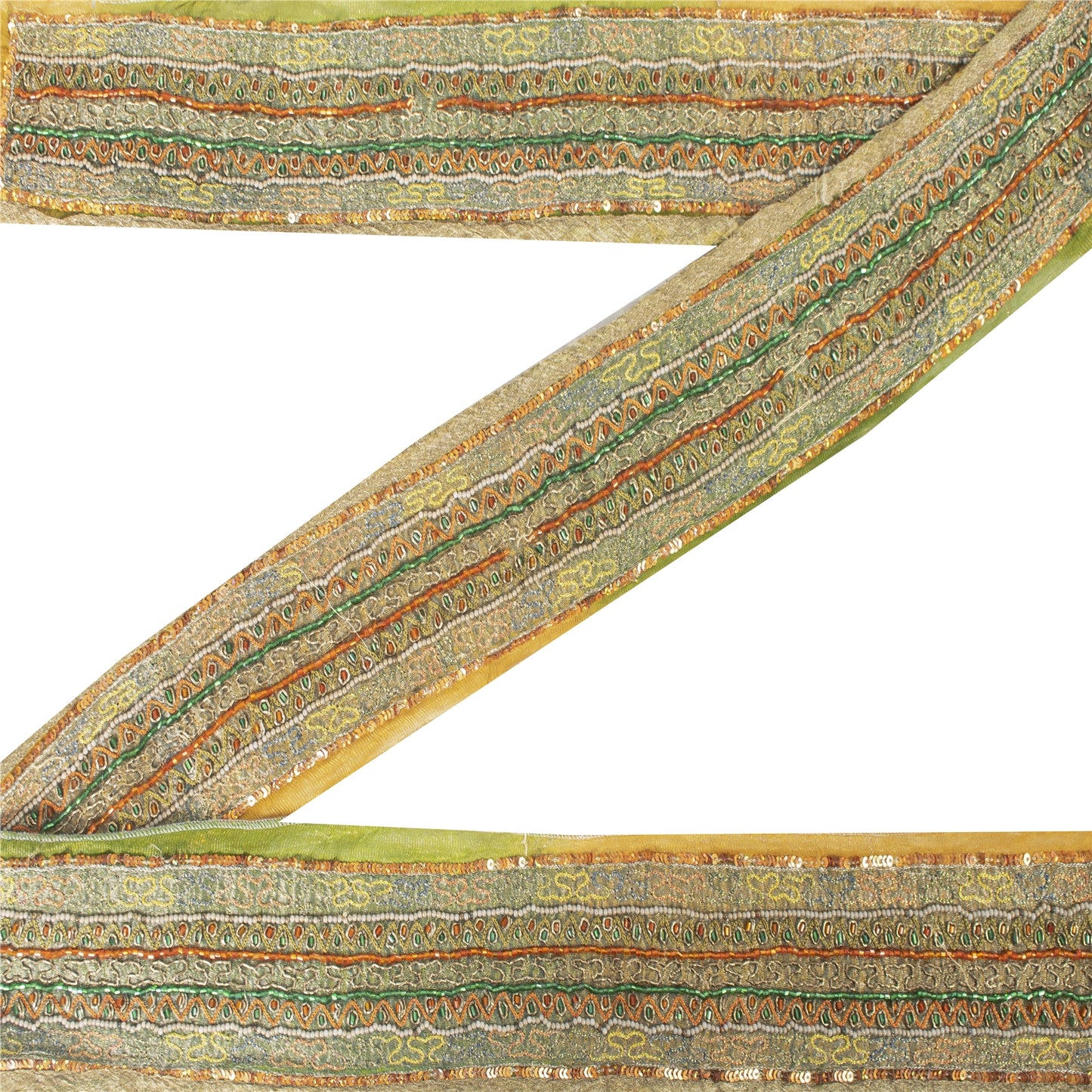 Sanskriti Vintage Border Antique Hand Beaded 1YD Indian Trim Sewing Saffron Lace