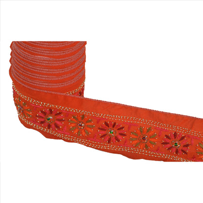 Sanskriti Vintage Border Antique Hand Beaded 1 Yd Indian Trim Sewing Orange Lace