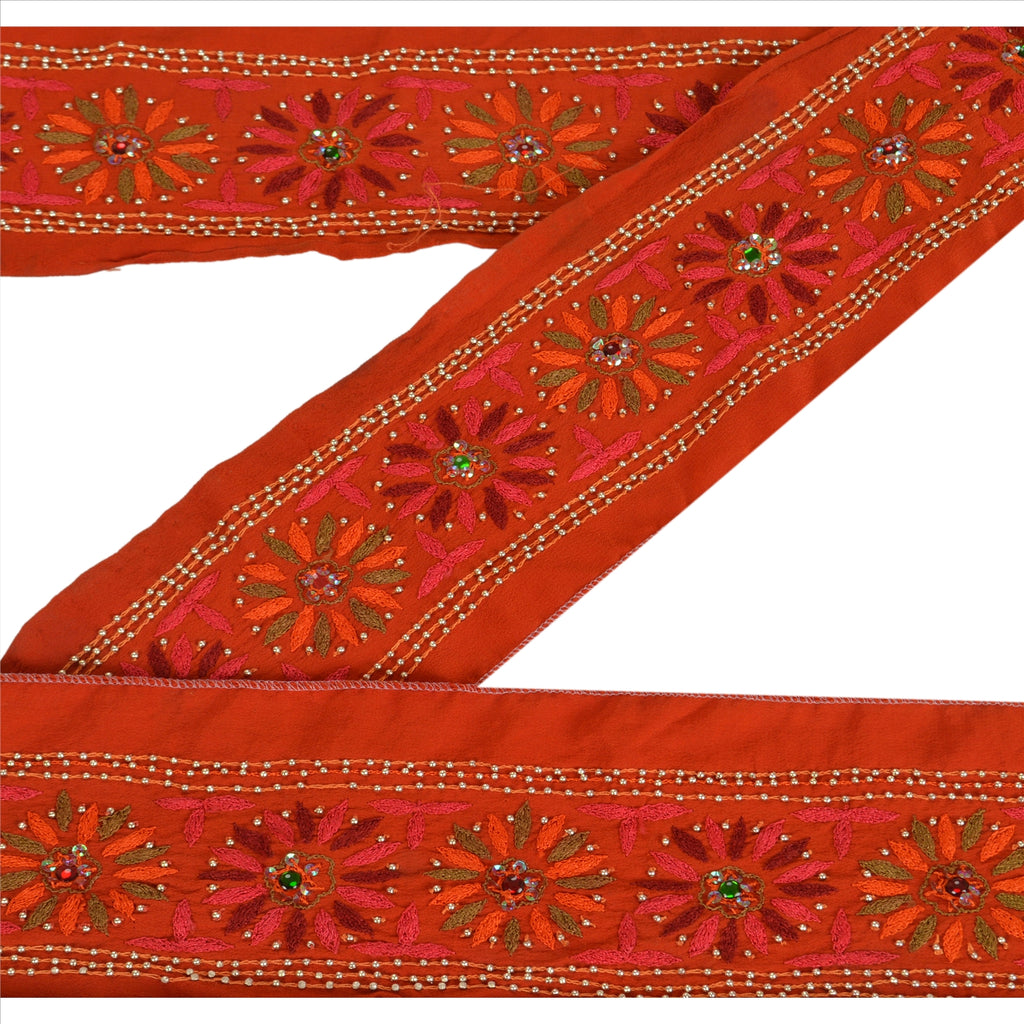 Sanskriti Vintage Border Antique Hand Beaded 1 Yd Indian Trim Sewing Orange Lace