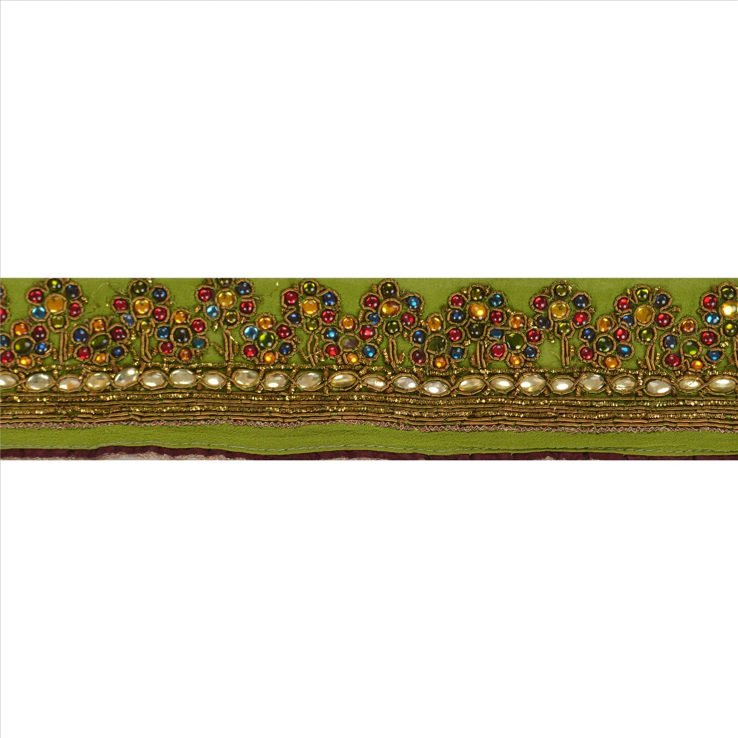 Sanskriti Vintage Sari Border Hand Beaded 1 Yard Indian Trim Sewing Green Lace