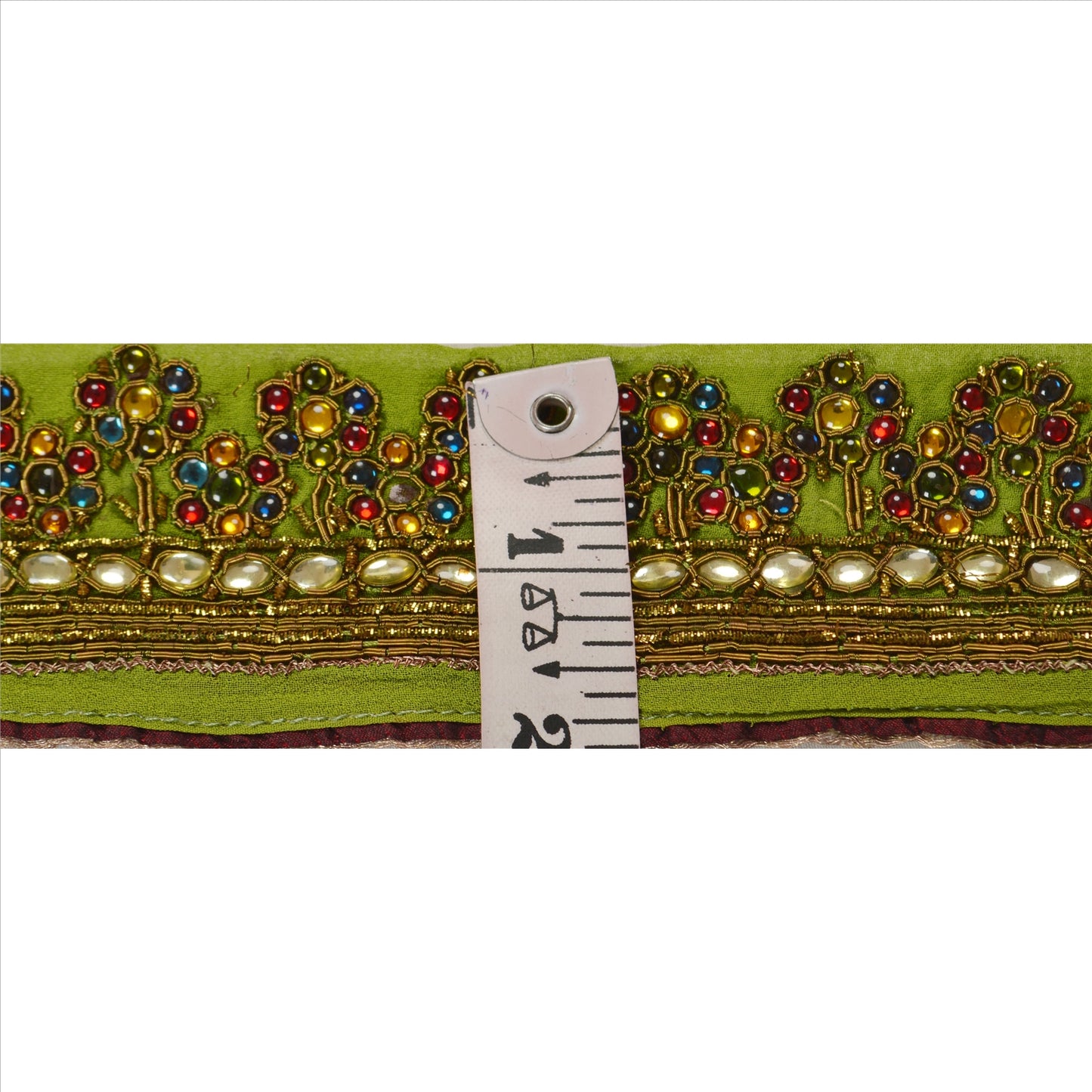 Sanskriti Vintage Sari Border Hand Beaded 1 Yard Indian Trim Sewing Green Lace