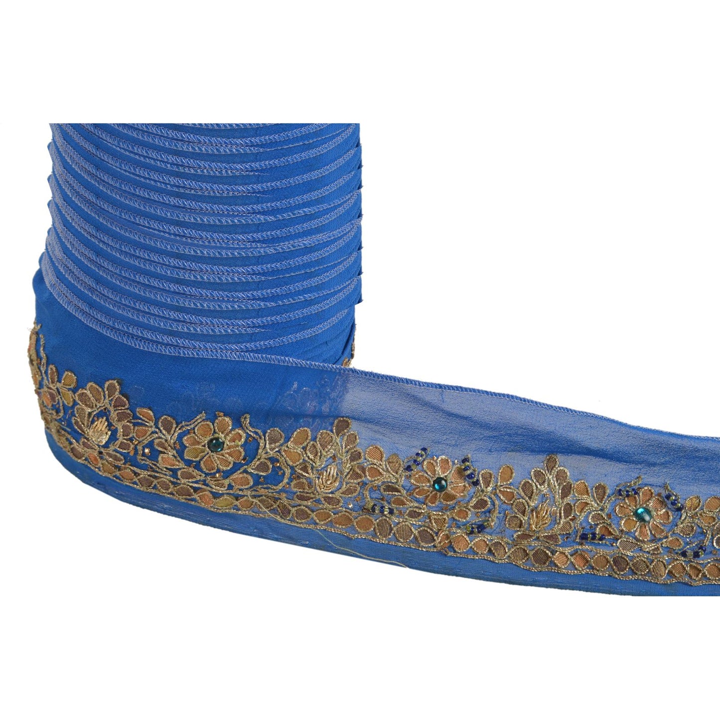 Sanskriti Vintage Sari Border Hand Beaded 1 Yd Trim Ribbon Blue Gota Patti Lace