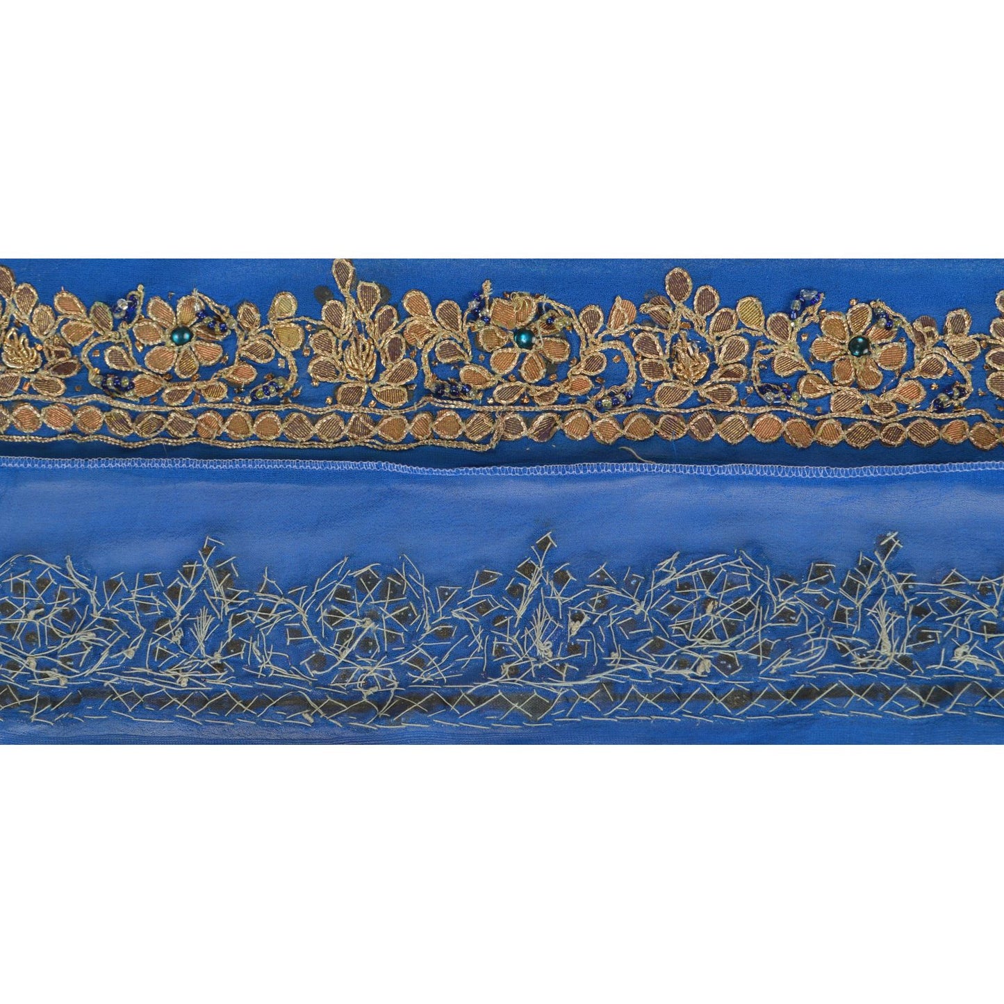 Sanskriti Vintage Sari Border Hand Beaded 1 Yd Trim Ribbon Blue Gota Patti Lace