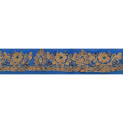 Sanskriti Vintage Sari Border Hand Beaded 1 Yd Trim Ribbon Blue Gota Patti Lace