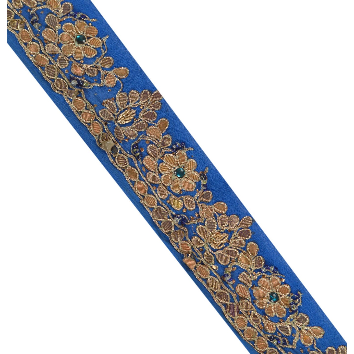 Sanskriti Vintage Sari Border Hand Beaded 1 Yd Trim Ribbon Blue Gota Patti Lace