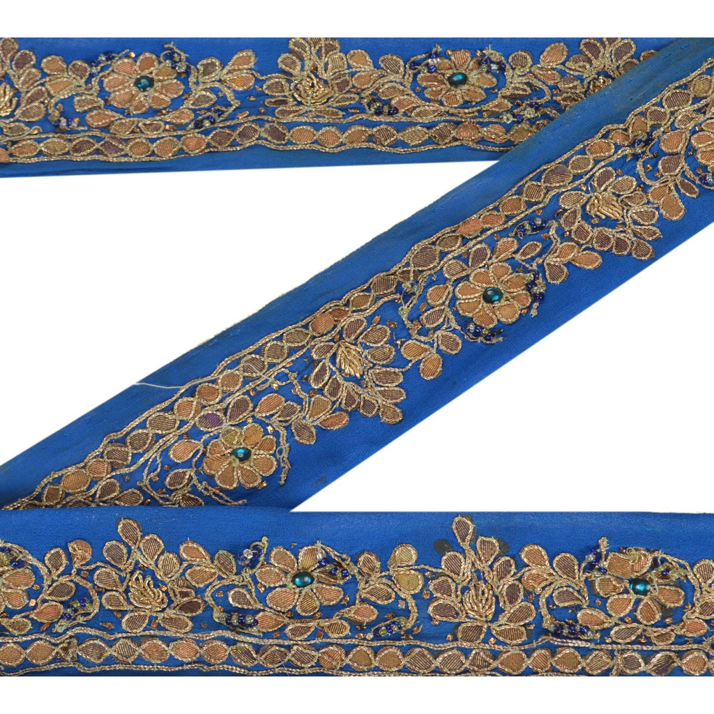 Sanskriti Vintage Sari Border Hand Beaded 1 Yd Trim Ribbon Blue Gota Patti Lace