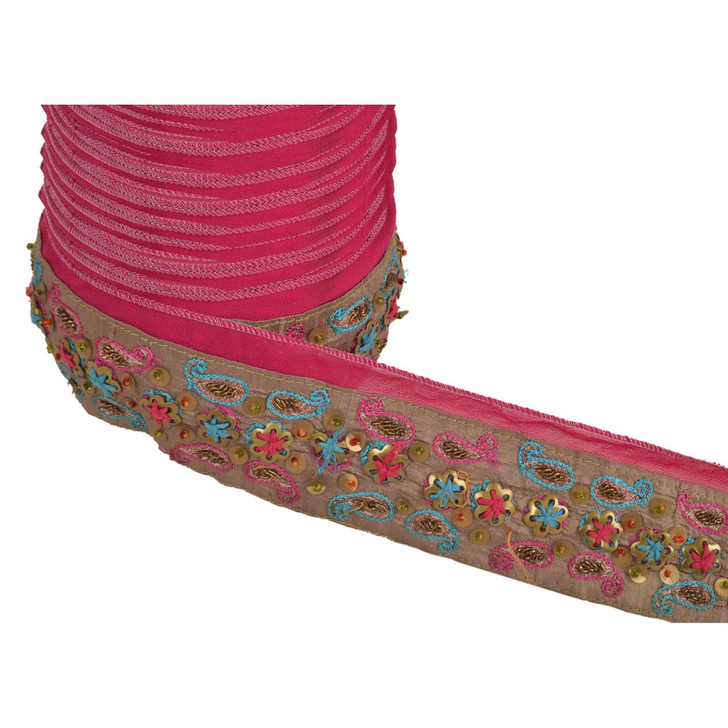 Sanskriti Vintage Sari Border Hand Beaded 1 Yd Indian Trim Ribbon Pink Lace