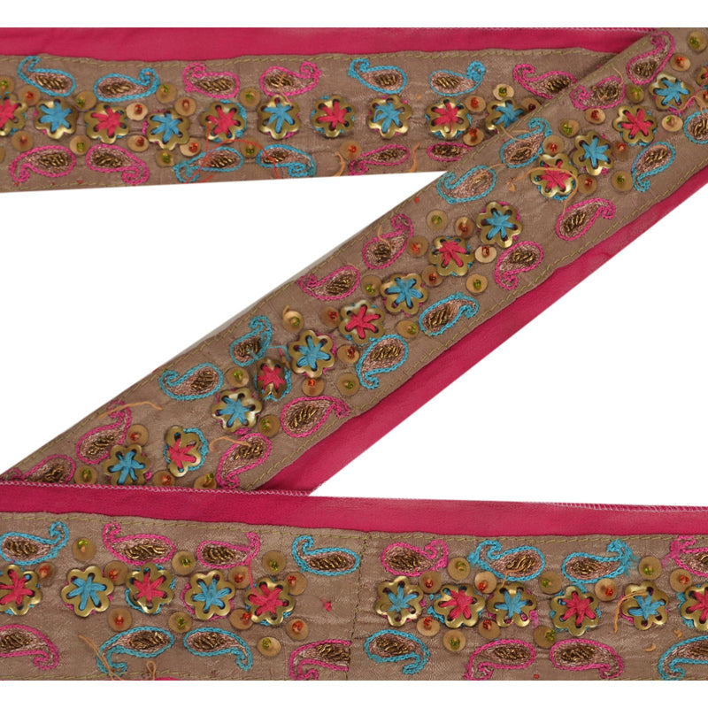 Sanskriti Vintage Hand Beaded Sari Border: Pink Georgette Indian Trim, 1 Yard upholstery fabric