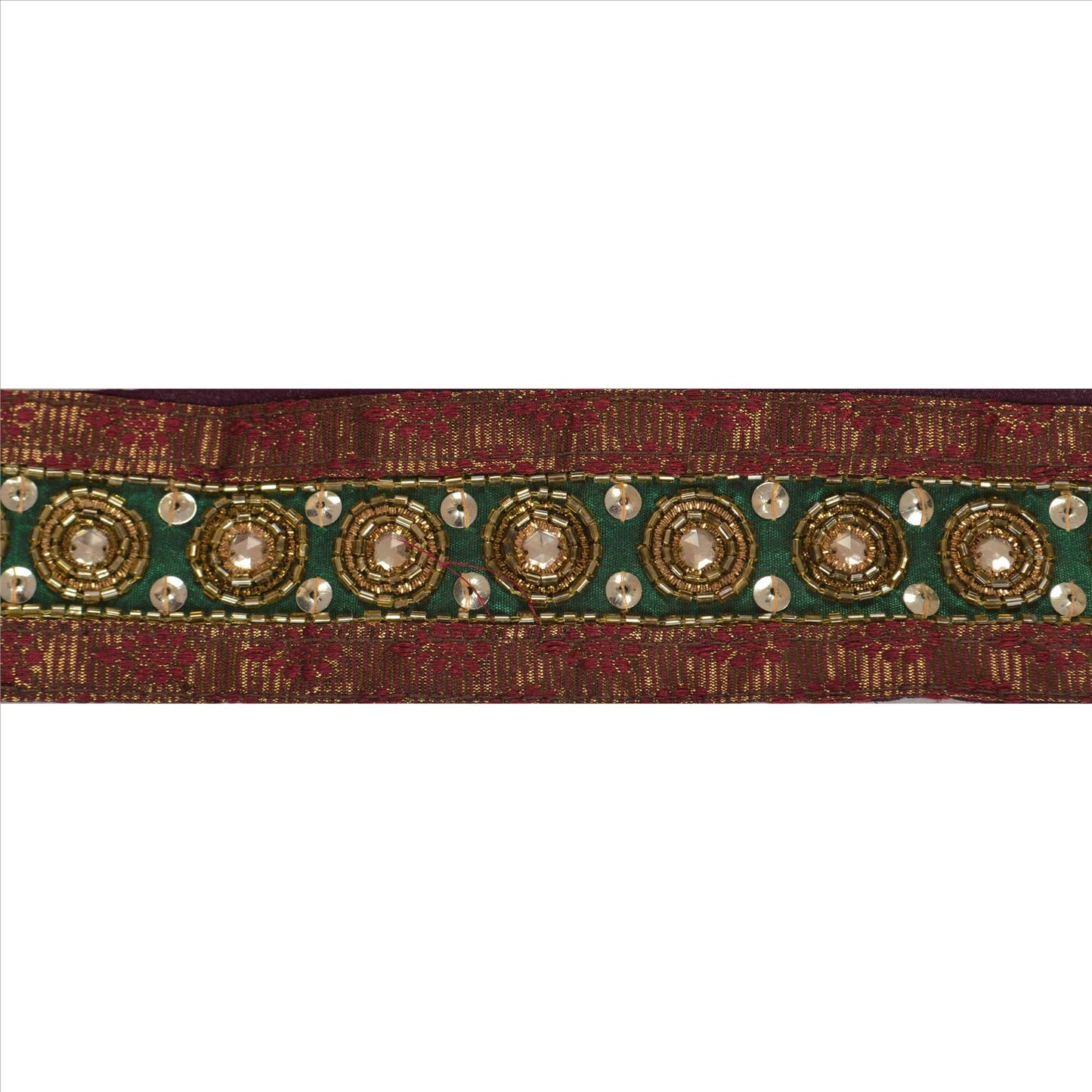 Sanskriti Vintage Sari Border Hand Beaded 1 Yd Craft Trim Sewing Green Lace