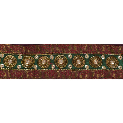 Sanskriti Vintage Sari Border Hand Beaded 1 Yd Craft Trim Sewing Green Lace