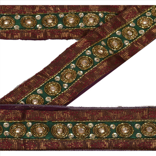 Sanskriti Vintage Sari Border Hand Beaded 1 Yd Craft Trim Sewing Green Lace