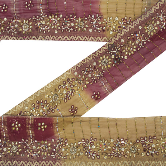 Sanskriti Vintage Sari Border Hand Beaded Leheria 1 YARD Trim Sewing Green Lace