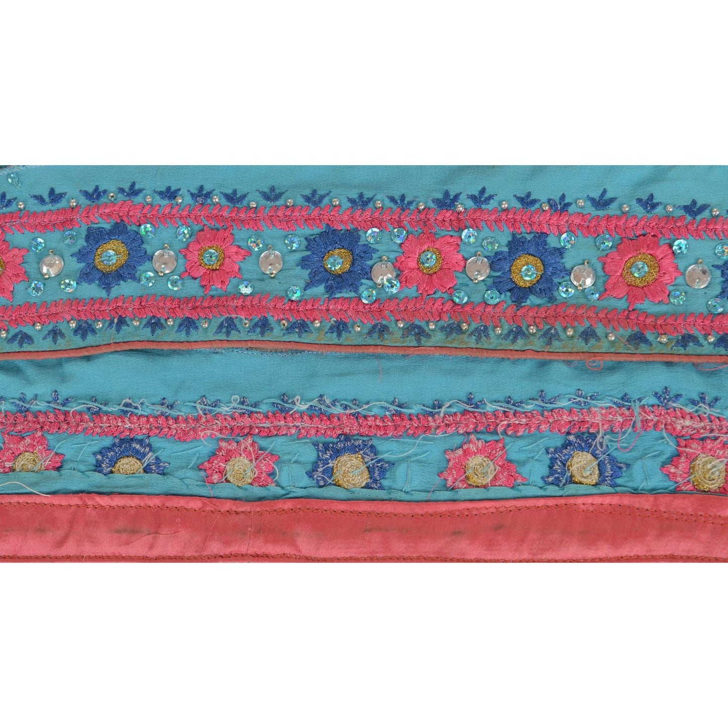 Sanskriti Vintage Sari Border Hand Beaded 1 Yd Trim Sewing Blue Rhinestone Lace