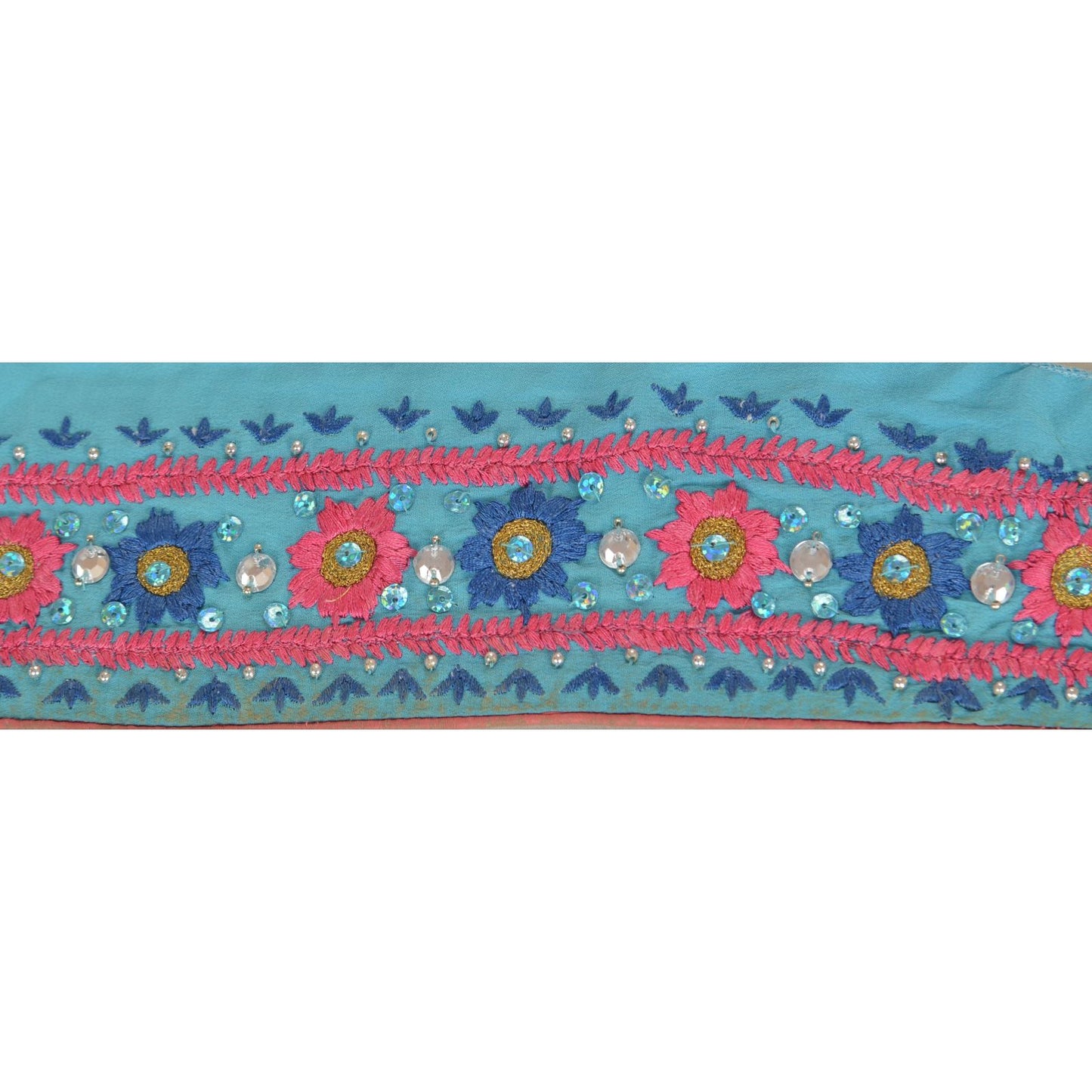 Sanskriti Vintage Sari Border Hand Beaded 1 Yd Trim Sewing Blue Rhinestone Lace