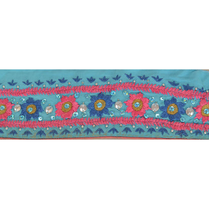 Sanskriti Vintage Sari Border Hand Beaded 1 Yd Trim Sewing Blue Rhinestone Lace
