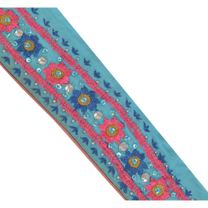Sanskriti Vintage Sari Border Hand Beaded 1 Yd Trim Sewing Blue Rhinestone Lace