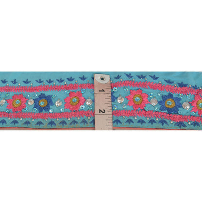 Sanskriti Vintage Sari Border Hand Beaded 1 Yd Trim Sewing Blue Rhinestone Lace