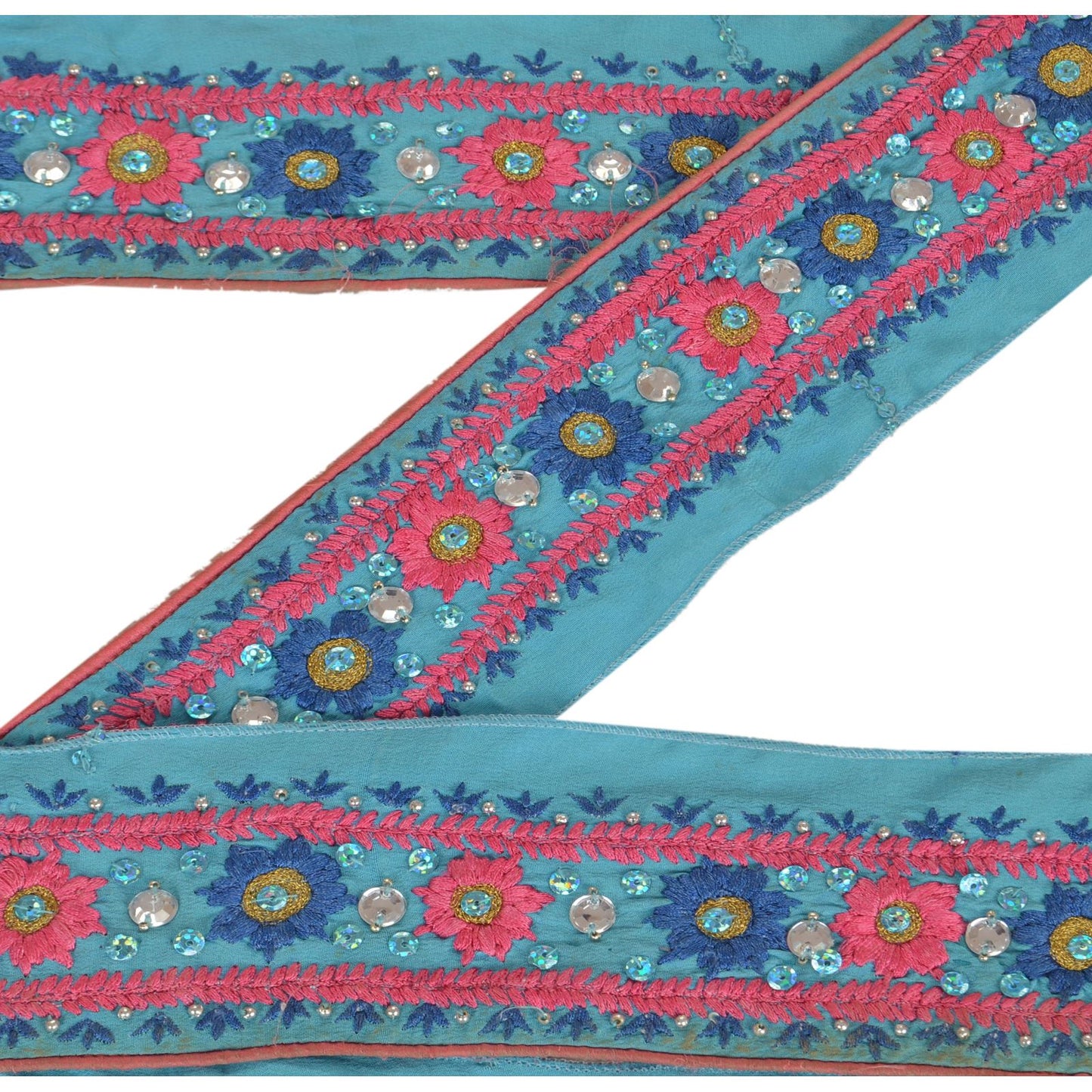 Sanskriti Vintage Sari Border Hand Beaded 1 Yd Trim Sewing Blue Rhinestone Lace