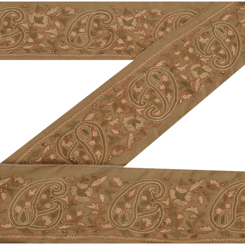 Sanskriti Vintage Hand Embroidered Sari Border: Cream Crepe Silk Craft Trim by upholstery fabric
