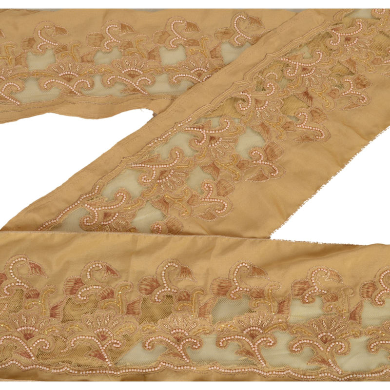 Sanskriti Vintage Beaded Zardozi Sari Border: Vintage Indian Satin Trim, Beige Lace by upholstery fabric