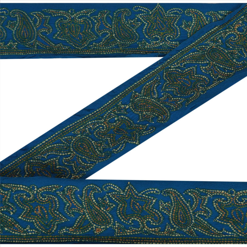 Sanskriti Vintage Sari Border Embroidered 1Yd Indian Trim Sewing Blue Decor Lace