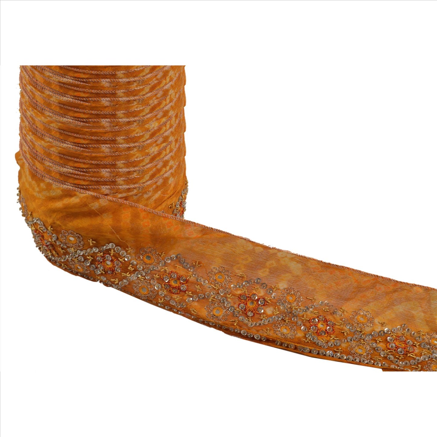 Sanskriti Vintage Sari Border Hand Beaded 1 Yd Trim Sewing Saffron Bandhani Lace