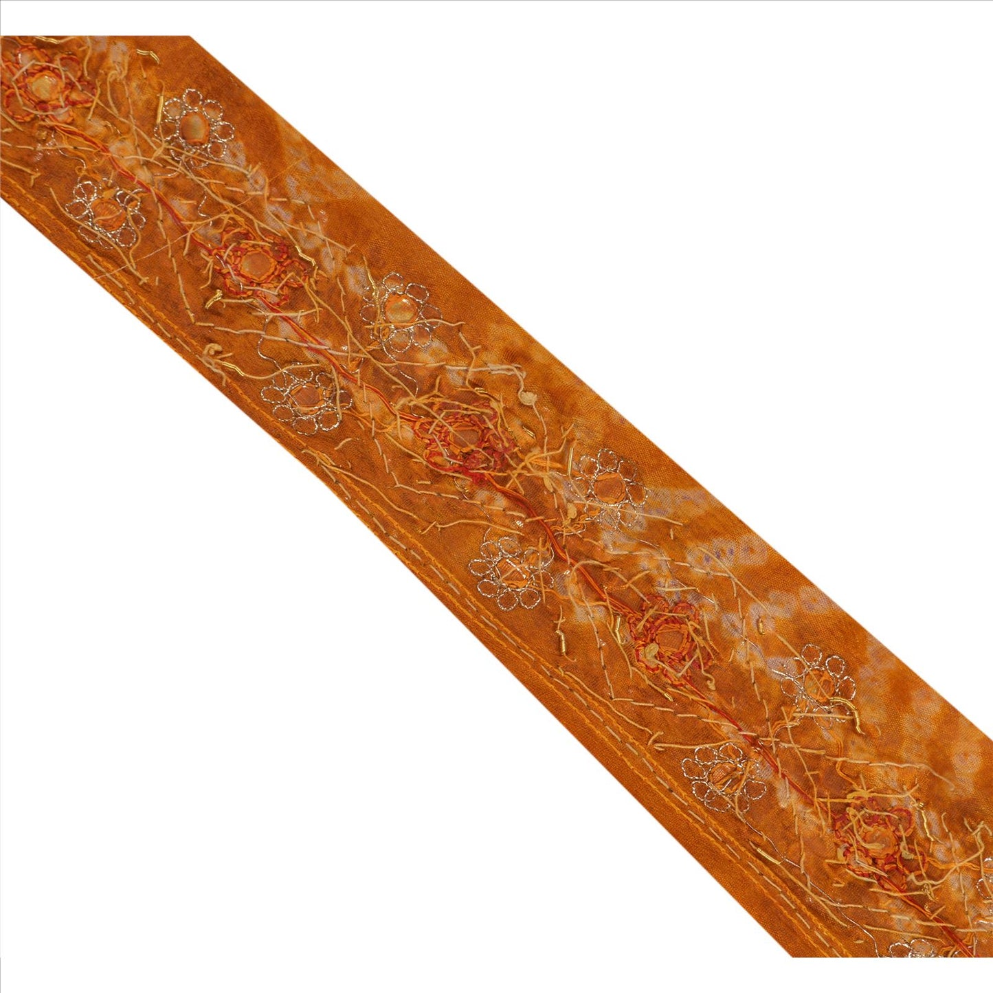 Sanskriti Vintage Sari Border Hand Beaded 1 Yd Trim Sewing Saffron Bandhani Lace