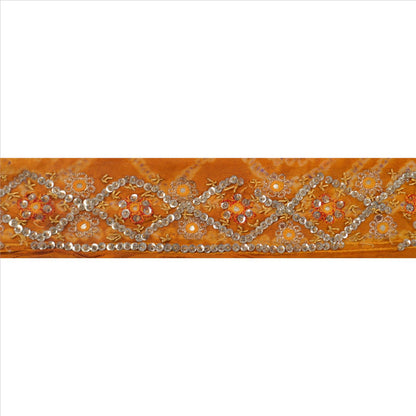 Sanskriti Vintage Sari Border Hand Beaded 1 Yd Trim Sewing Saffron Bandhani Lace