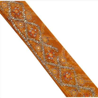 Sanskriti Vintage Sari Border Hand Beaded 1 Yd Trim Sewing Saffron Bandhani Lace