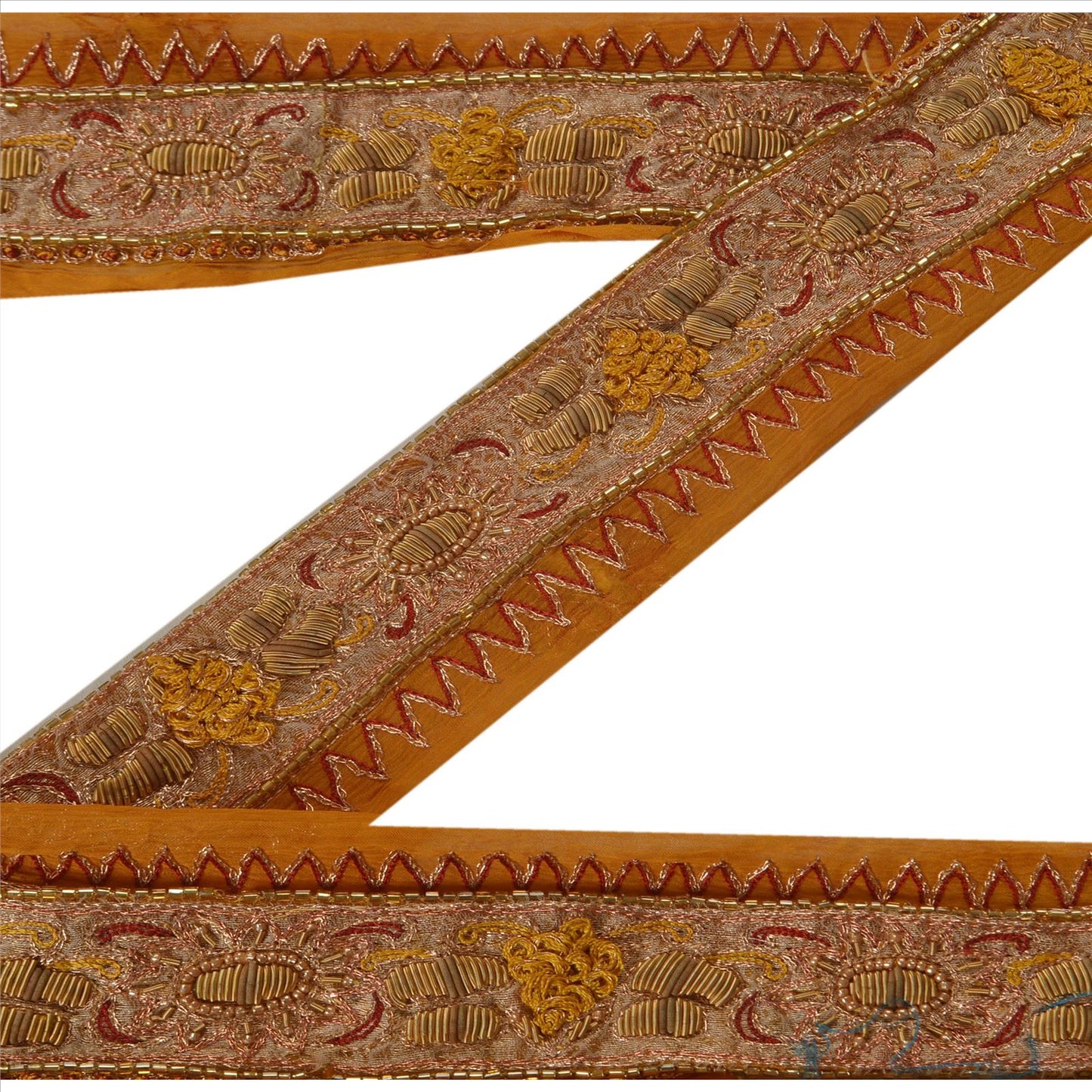 Sanskriti Vintage Sari Border Hand Beaded 1 Yd Indian Trim Sewing Saffron Lace