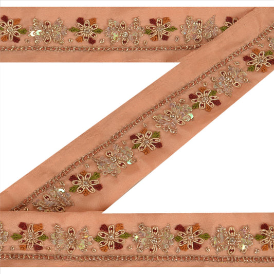 Sanskriti Vintage Sari Border Hand Beaded 1Yd Indian Trim Dã©Cor Ribbon Peach Lace