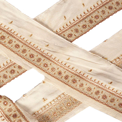 Sanskriti Vintage Cream Crepe Silk 1 YD Sari Border Embroidered Craft Trim Lace